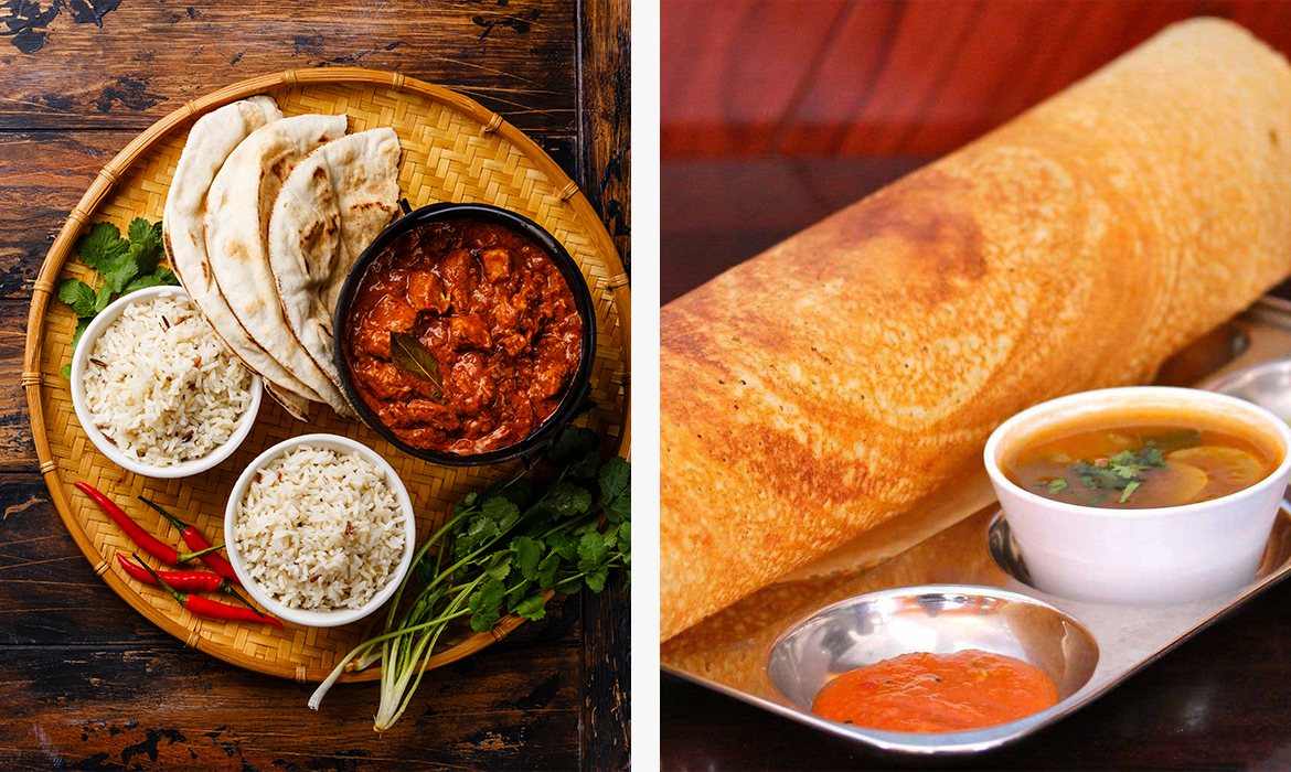 comer com a mão na índia: molhos, pães e dosa