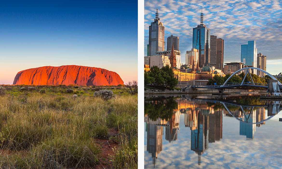 Cenário natual de Uluru (esquerda) e Melbourne (direita)
