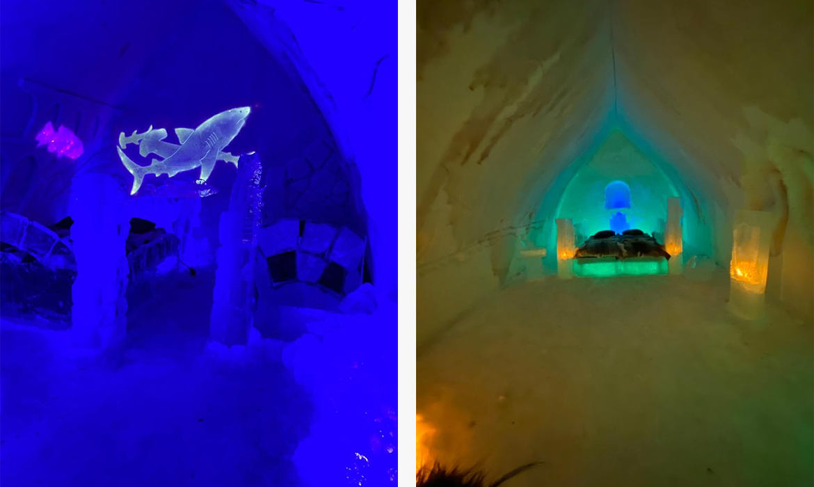 foto1: espaço de gelo com escultura de tubarão; Foto 2: quarto de gelo com cama também de gelo.