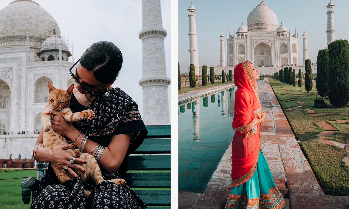 Ó que vestir na Índia- Esquerda: Mulher vestada em um banco verde escuro com um gato laranja no colo. A mulher veste sari preto, óculos escuros e pulseiras e brincos de prata. Ao fundo está a vista e de parte do do Taj Mahal. Direita: mulher vestida de turquesa e vermelho, com leço nos cabelos. Está posando de frente para o Taj Mahal em uma luz suave no rosto.